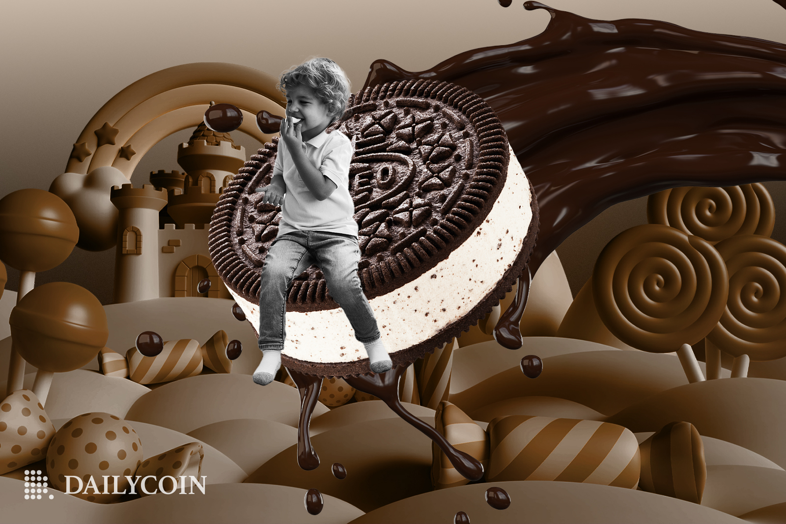 A kid eating a brown Oreo metaverse sweets cookies.