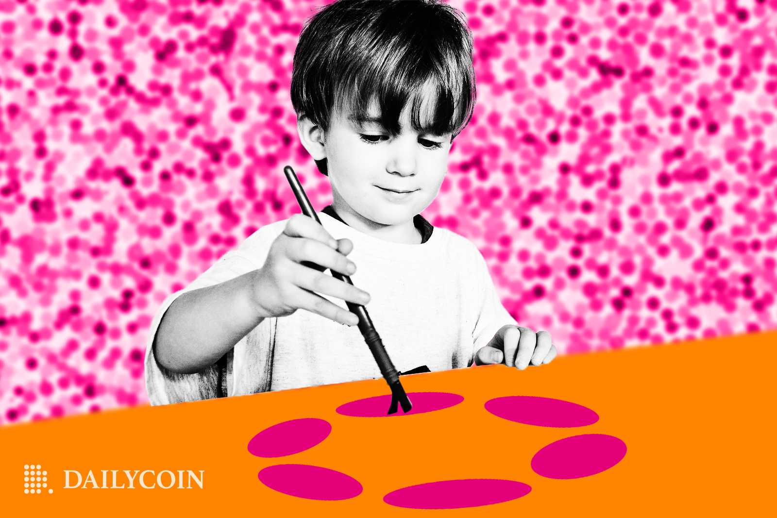 Kid drawing Polkadot logo on orange paper.