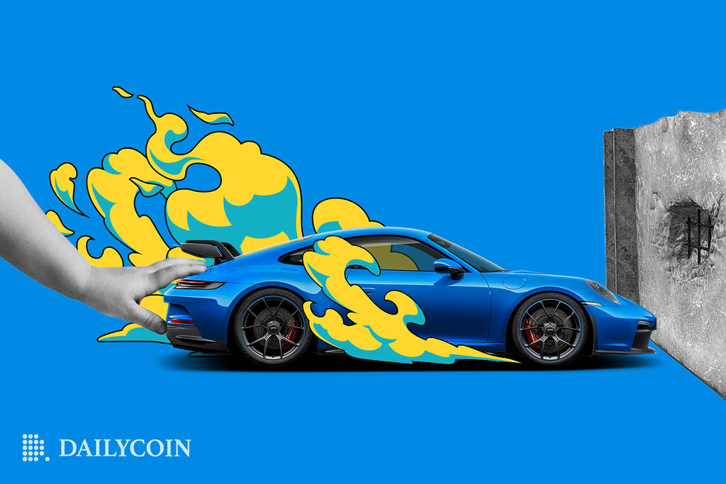 Blue Porsche car as an NFT. being pushed by human hand to a wall.