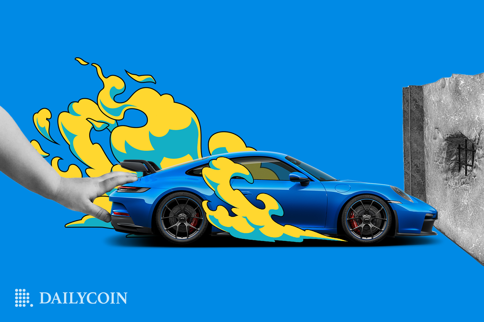 Blue Porsche car as an NFT. being pushed by human hand to a wall.