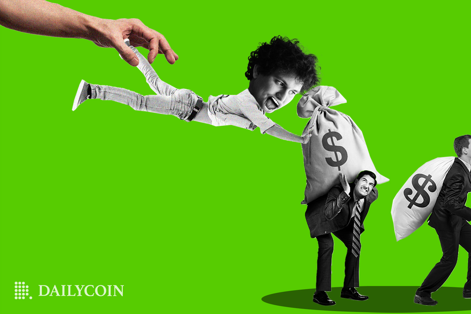 Sam Bankman-Fried holding on people money bags.