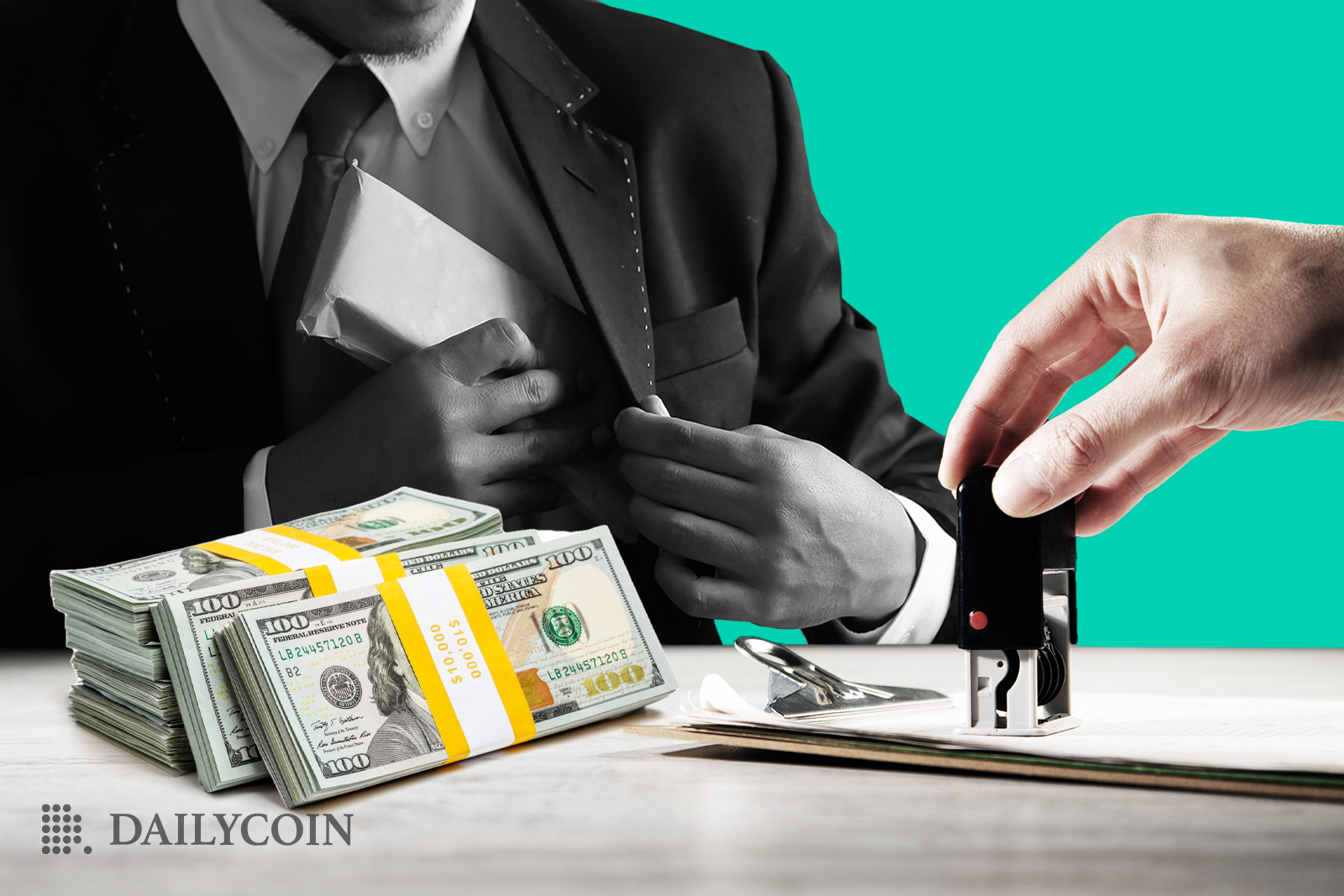A man with his face outside of frame putting an envelope in his pocket, while another man stamps a document near cash on a table.