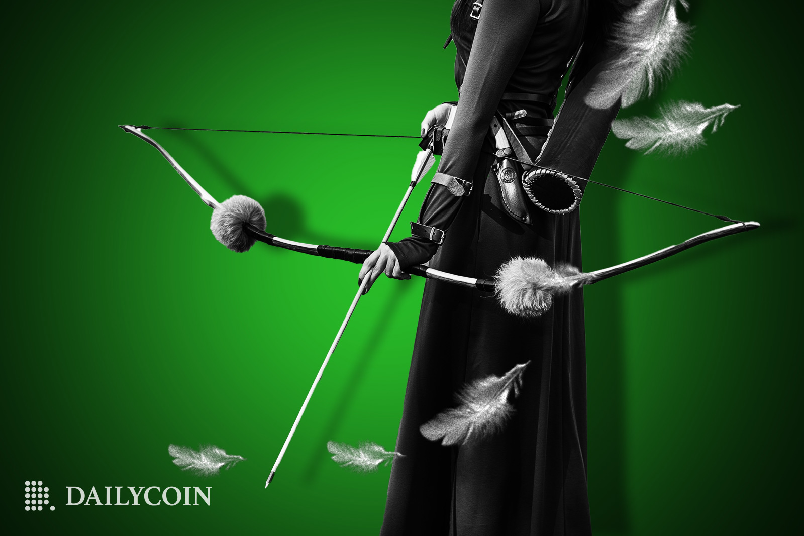 A person standing with a drawn bow behind falling feathers.