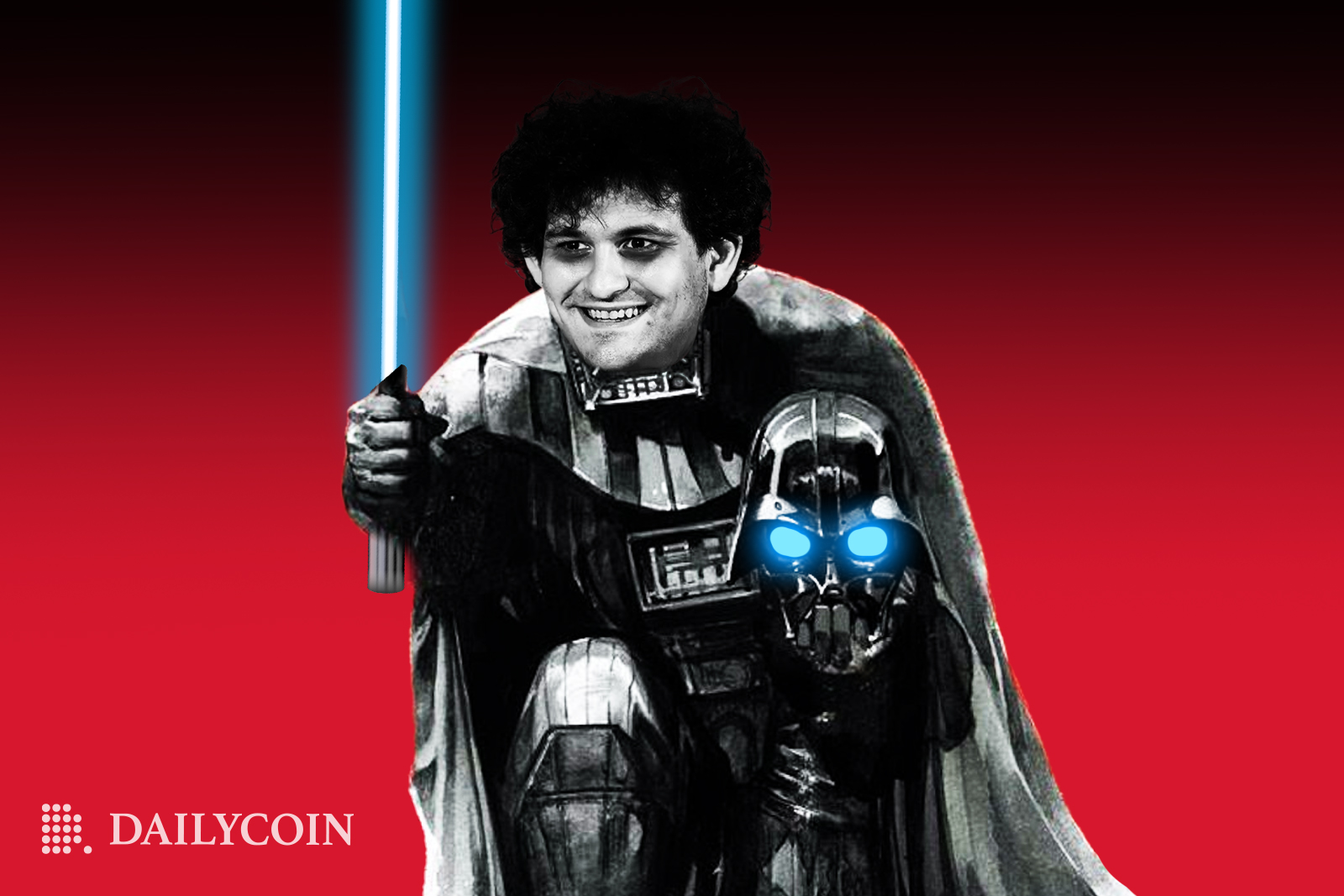 Sam Bankman Fried wearing Darth Wader costume and holding a lightsaber.