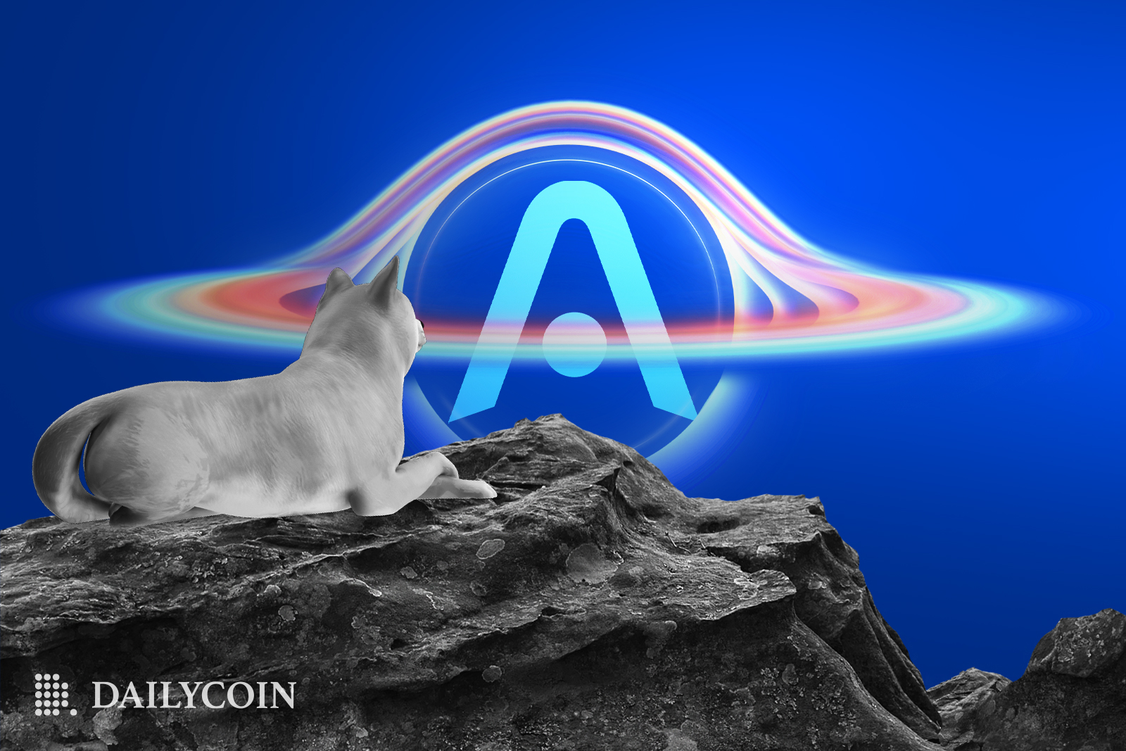 Shiba Inu dog sitting on a hill, looking at an asteroid with the letter A engraved inside.