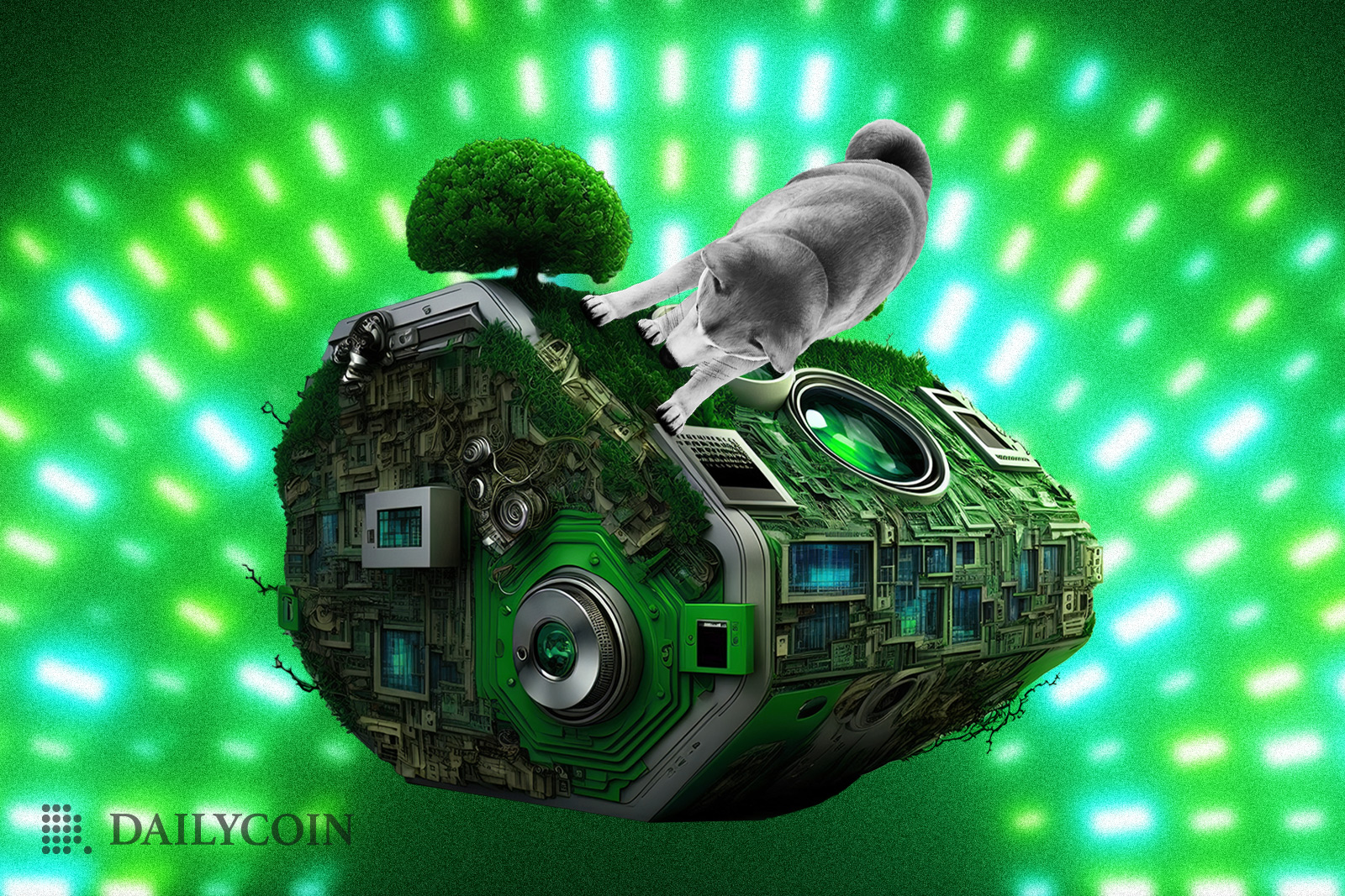 Shiba Inu on a green machine with grass and trees growing out of it.