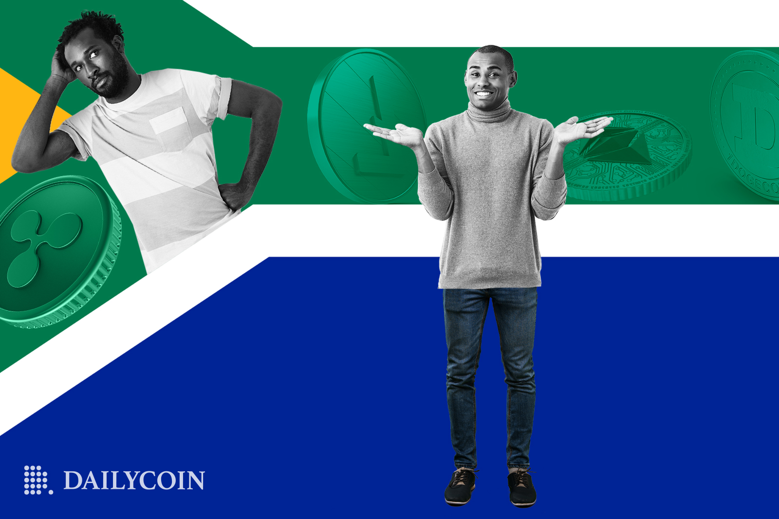 Two man standing in front of South Africa flag.