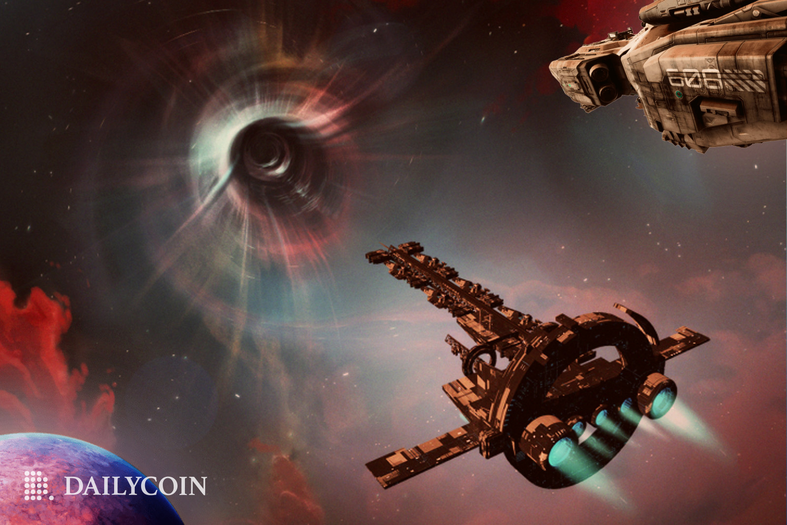 Spaceship traveling towards wormhole.