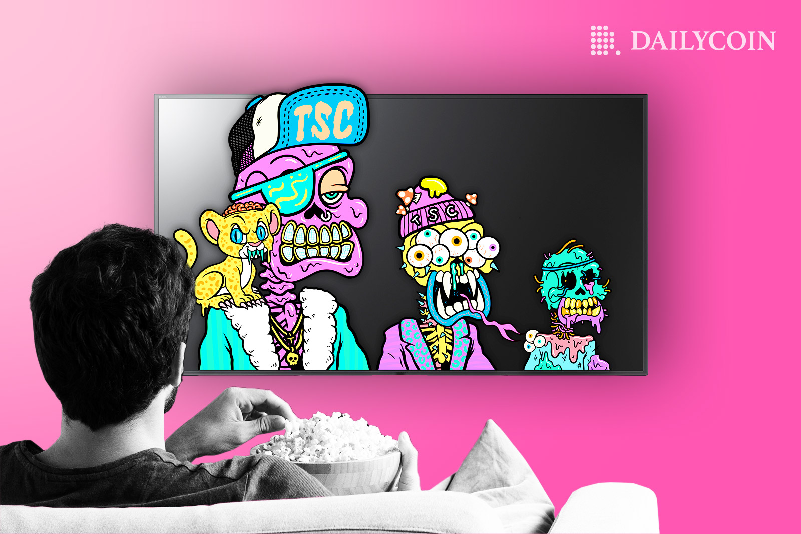 A person is watching TV with NFT characters while eating popcorn.