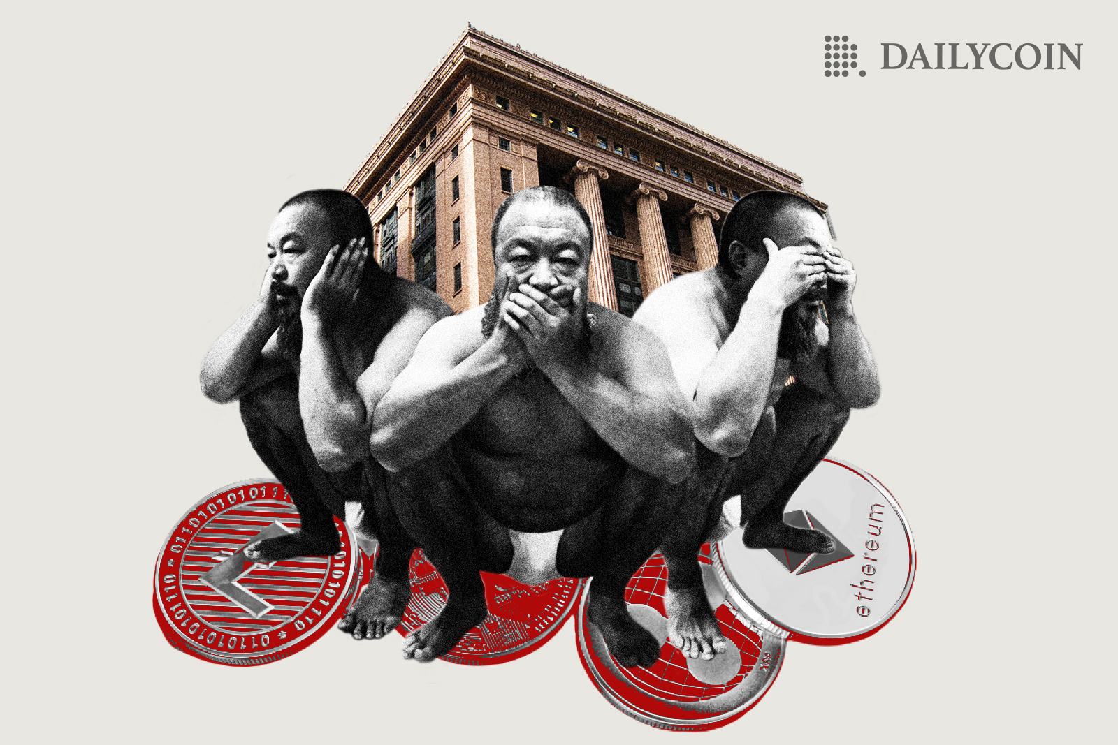 Three people squat on crypto coins covering their eyes, mouths, and ears.