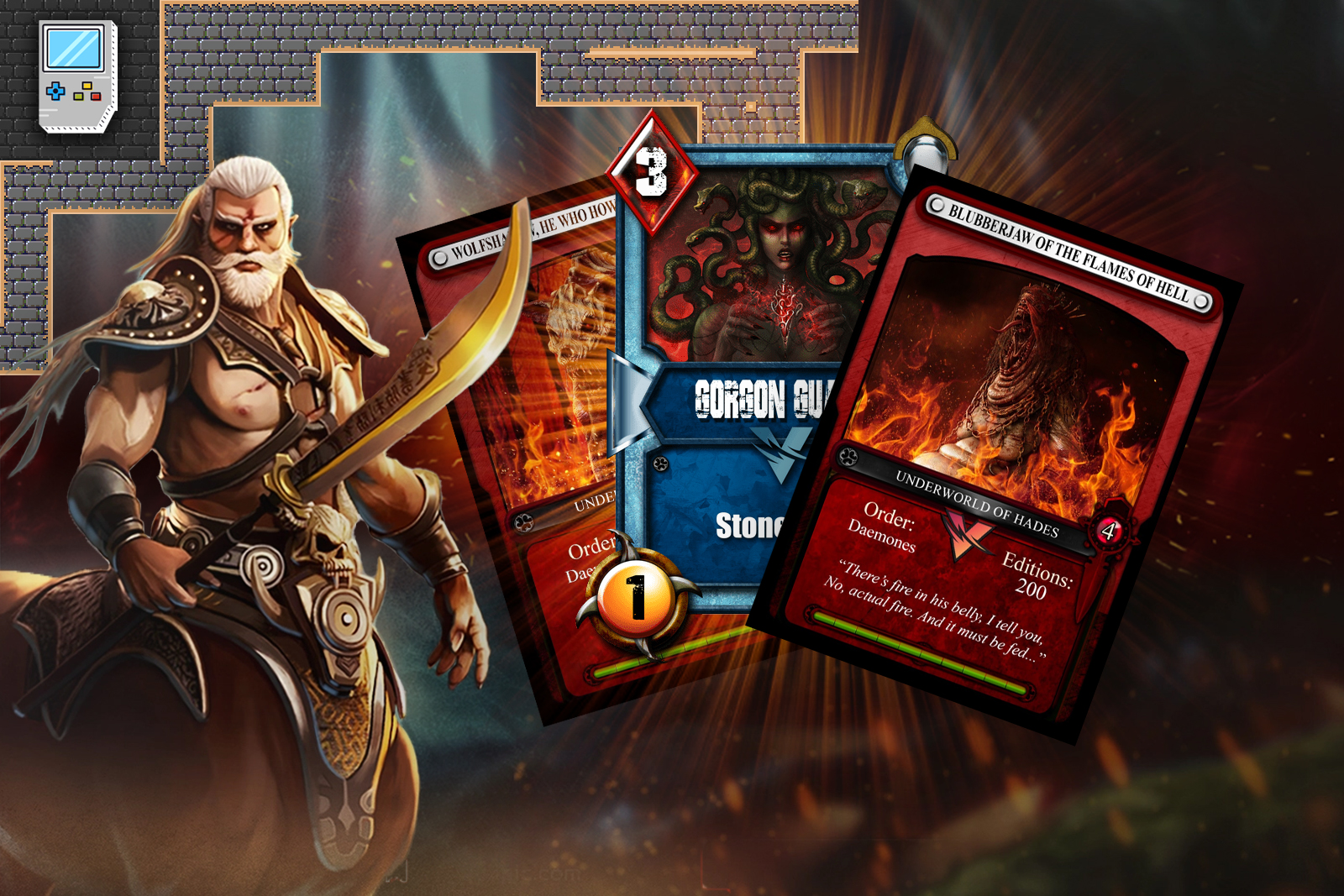Game character centaur next to Berserk game cards.