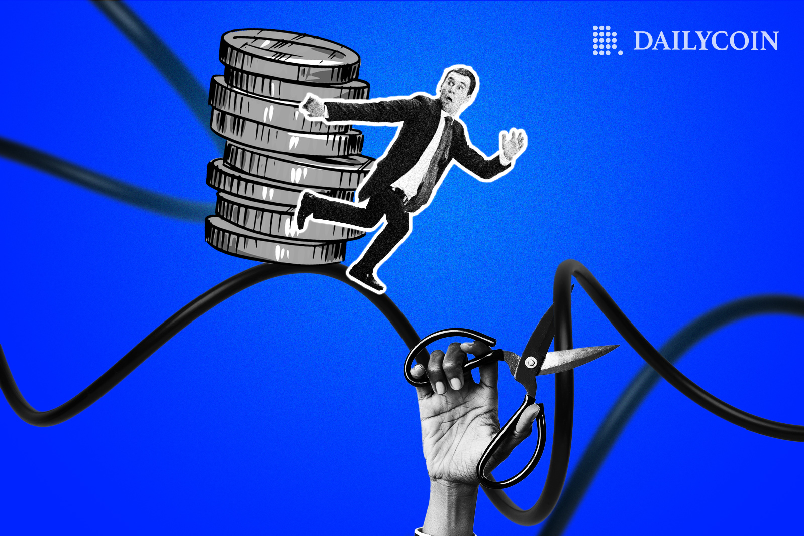 A man running on a rope away from a pile of coins while a hand holding scissors is trying to cut the rope.