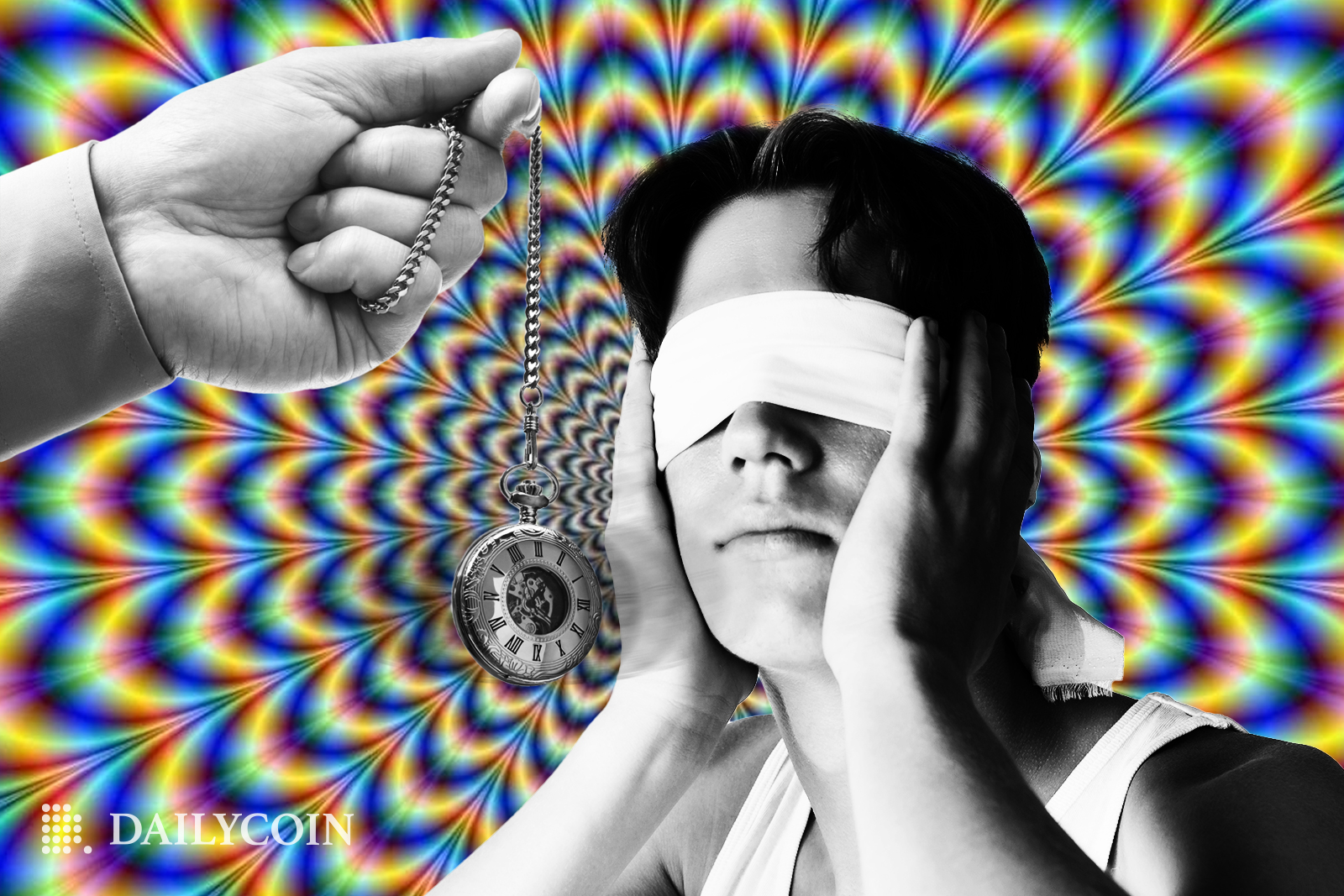 A human covering eyes with white cloth being hypnotized.