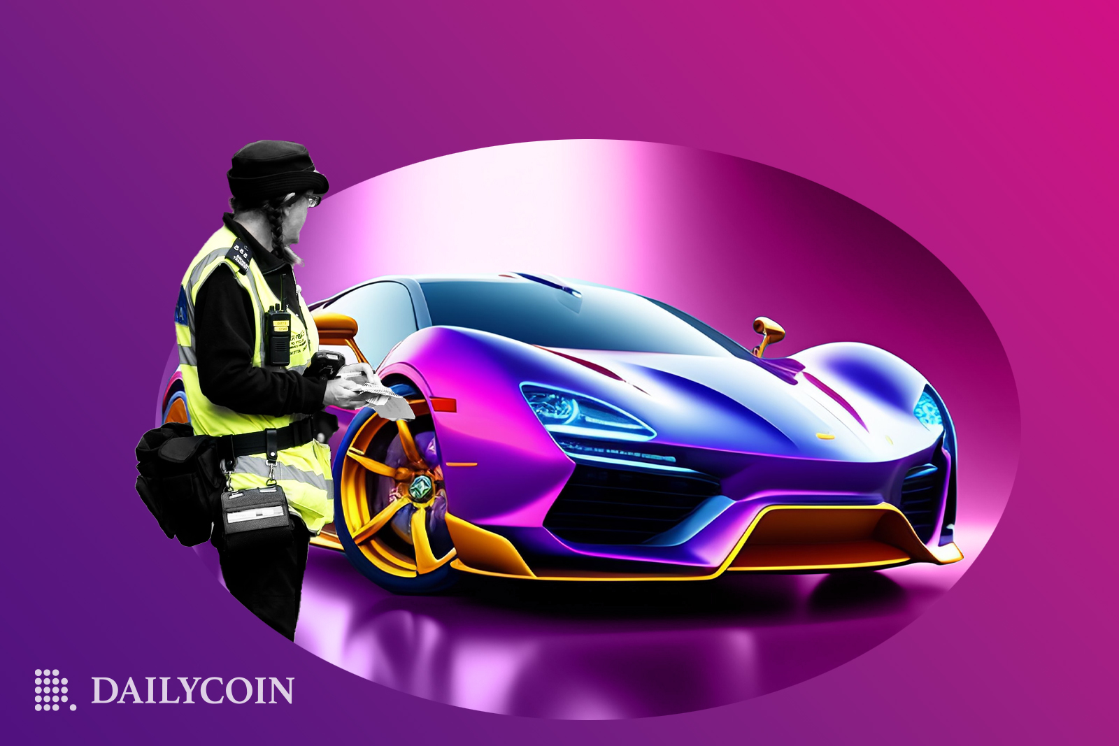 Policeman issues a parking ticket to a fancy pink sportscar.