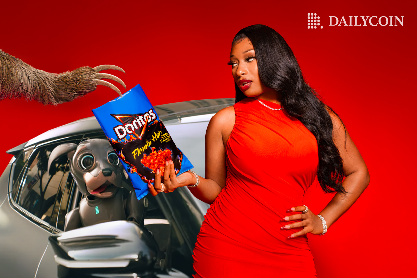 Woman holding Dorritos bag while robot dog is in a car watching.