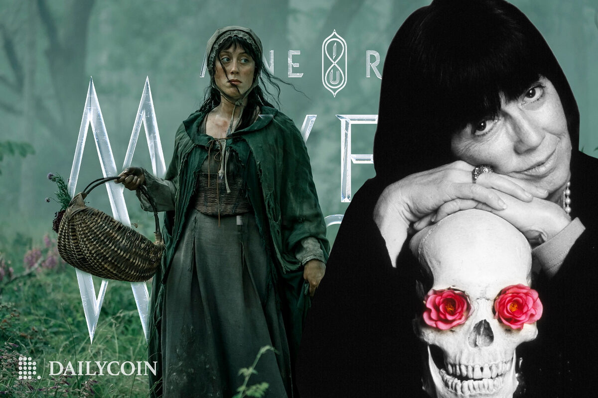 Mayfair Witches hugging a human skull and holding a basket.