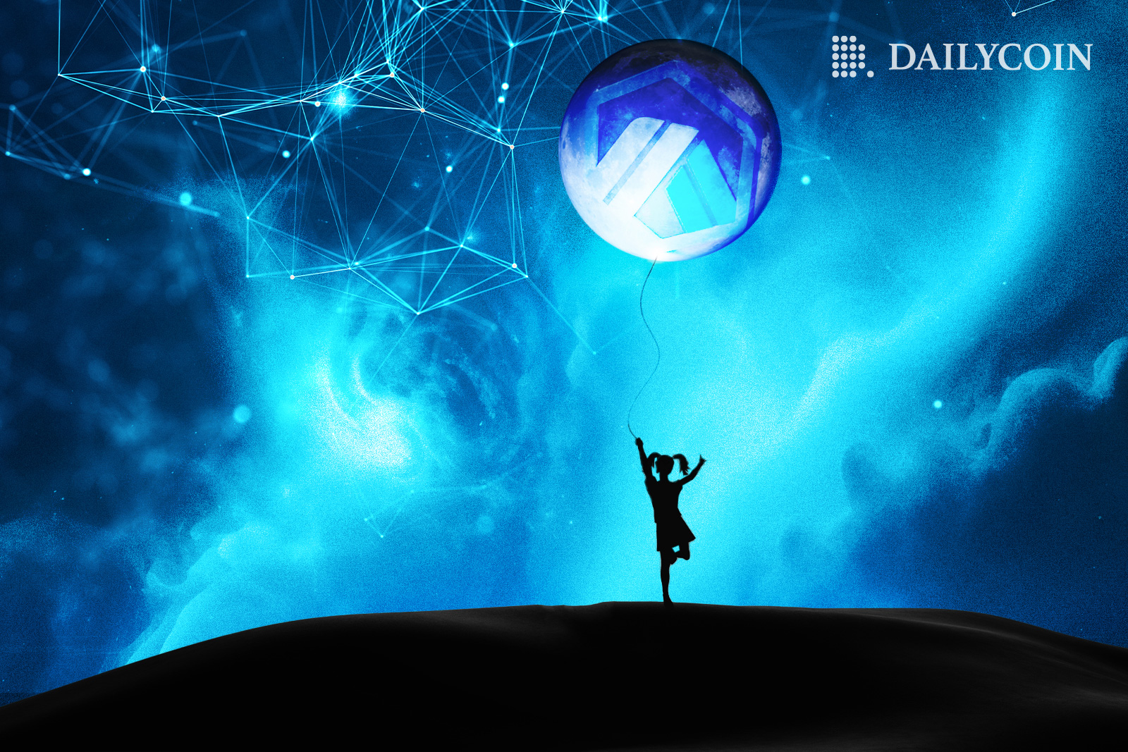 A little girl holding a balloon with Arbitrum logo on the blockchain background.