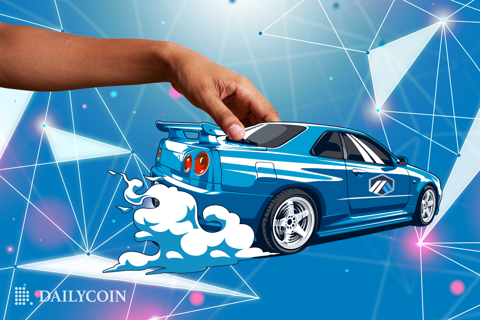 A human playing with a mini blue cartoon car.