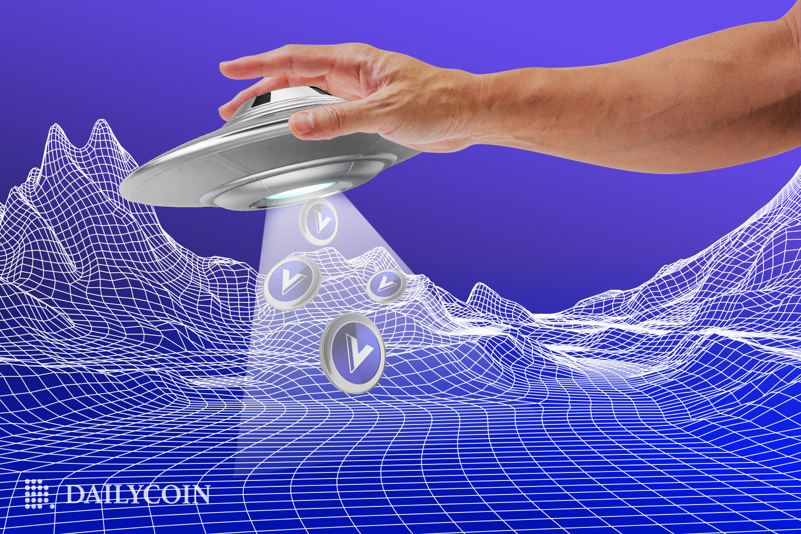 A hand holding UFO abducting crypto coins above the digital terrain.