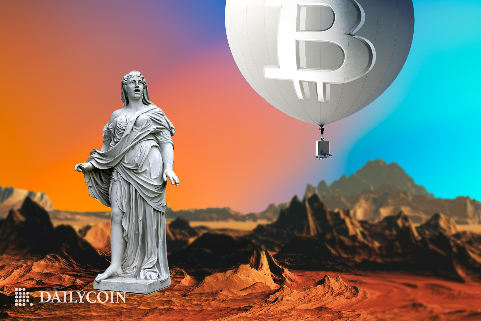 Bitcoin balloon high in sky above desert.