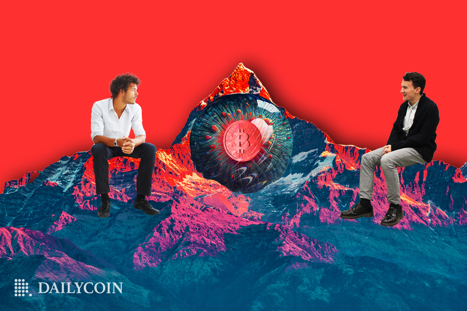 Two giant people sitting on a mountain range with a massive eye with a Bitcoin (BTC) pupil in the centre of the Mountain. Waiting for CPI and FOMC data.
