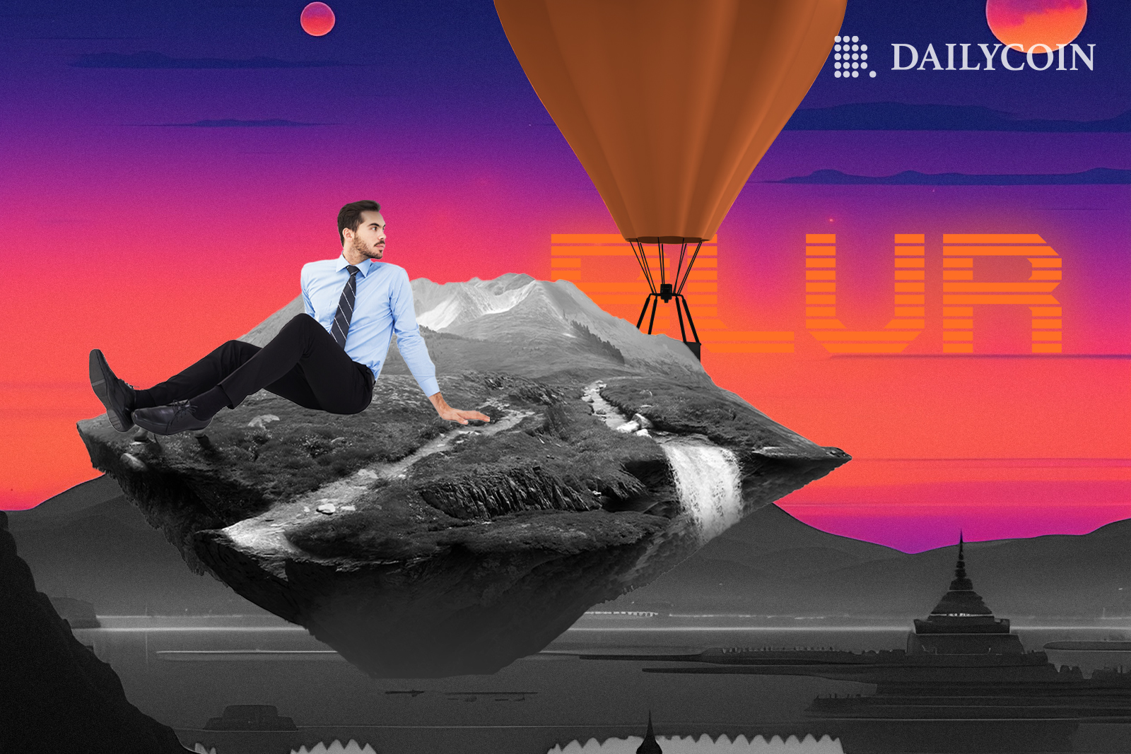 A man standing on a mountain and a balloon flies pass him