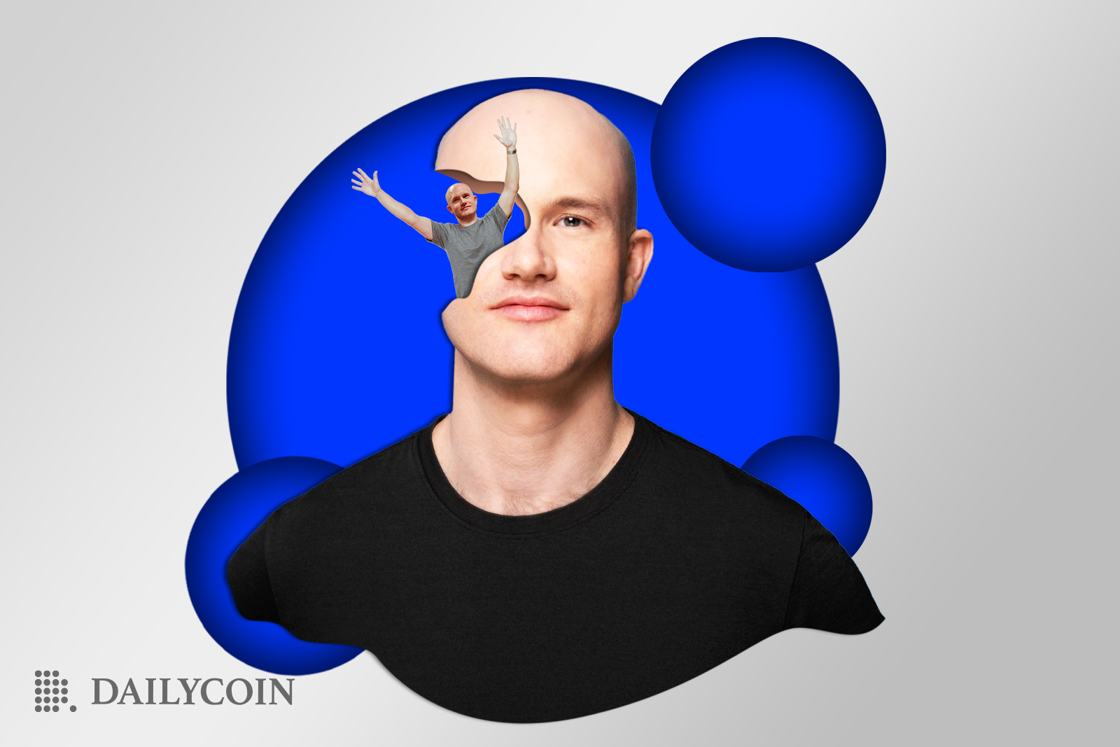 Brian Armstrong portrait with him waving from his eye. 