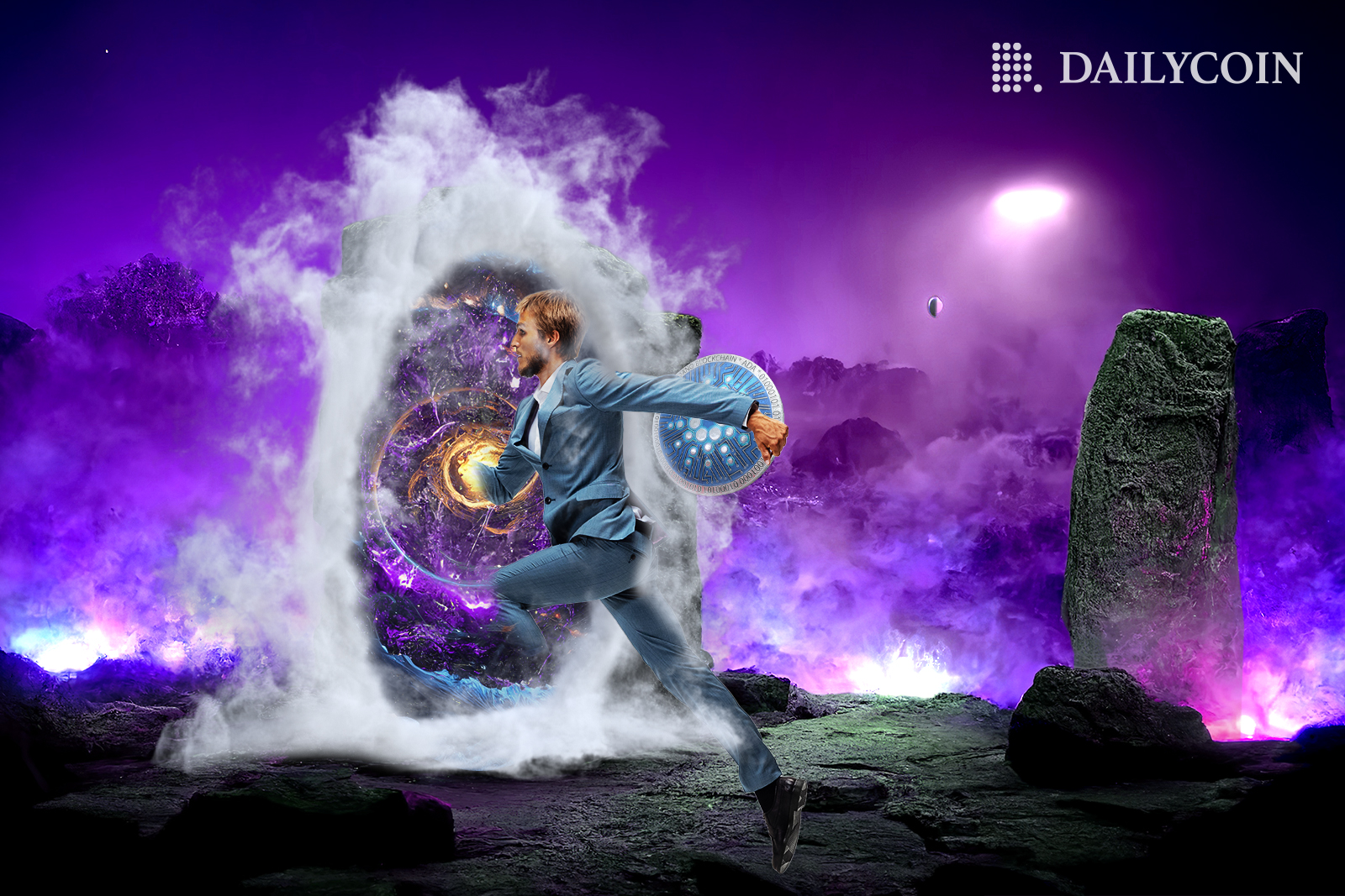Man running through Cardano Staking Portal with a ADA coin