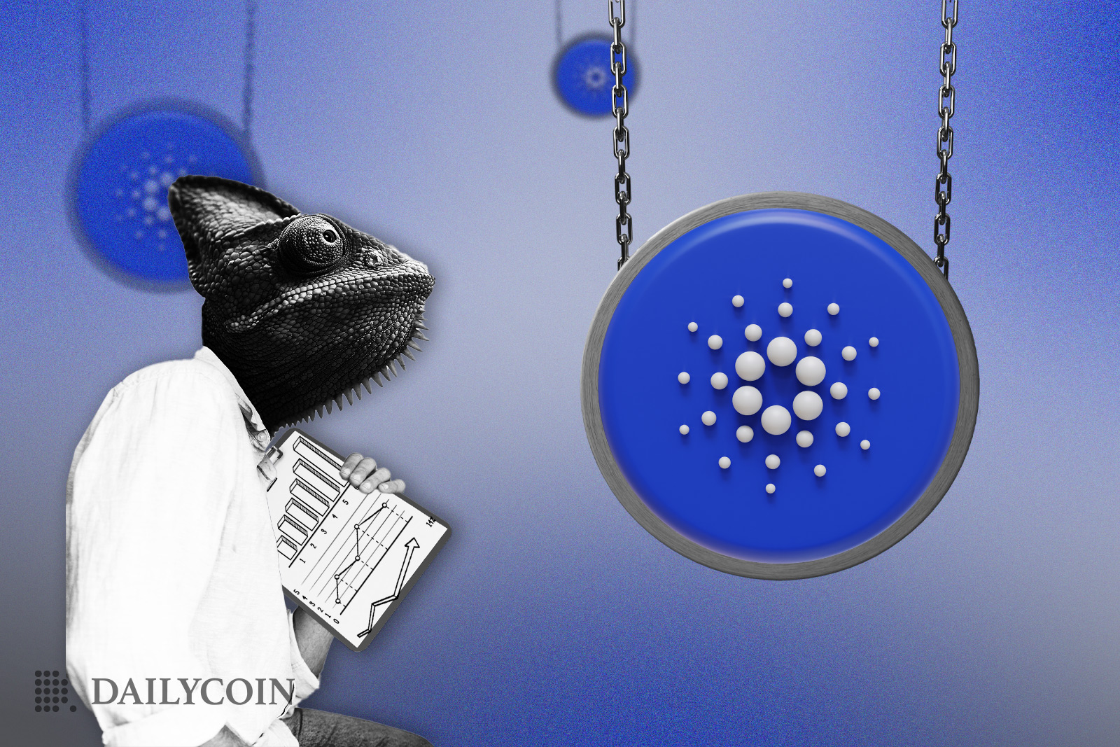 Lizard dressed in lab coat looking at Cardano on chain.