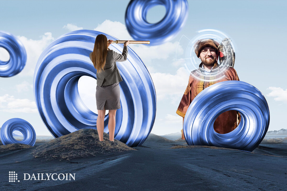 A woman looking at Cardano founder Charles Hoskinson through a telescope