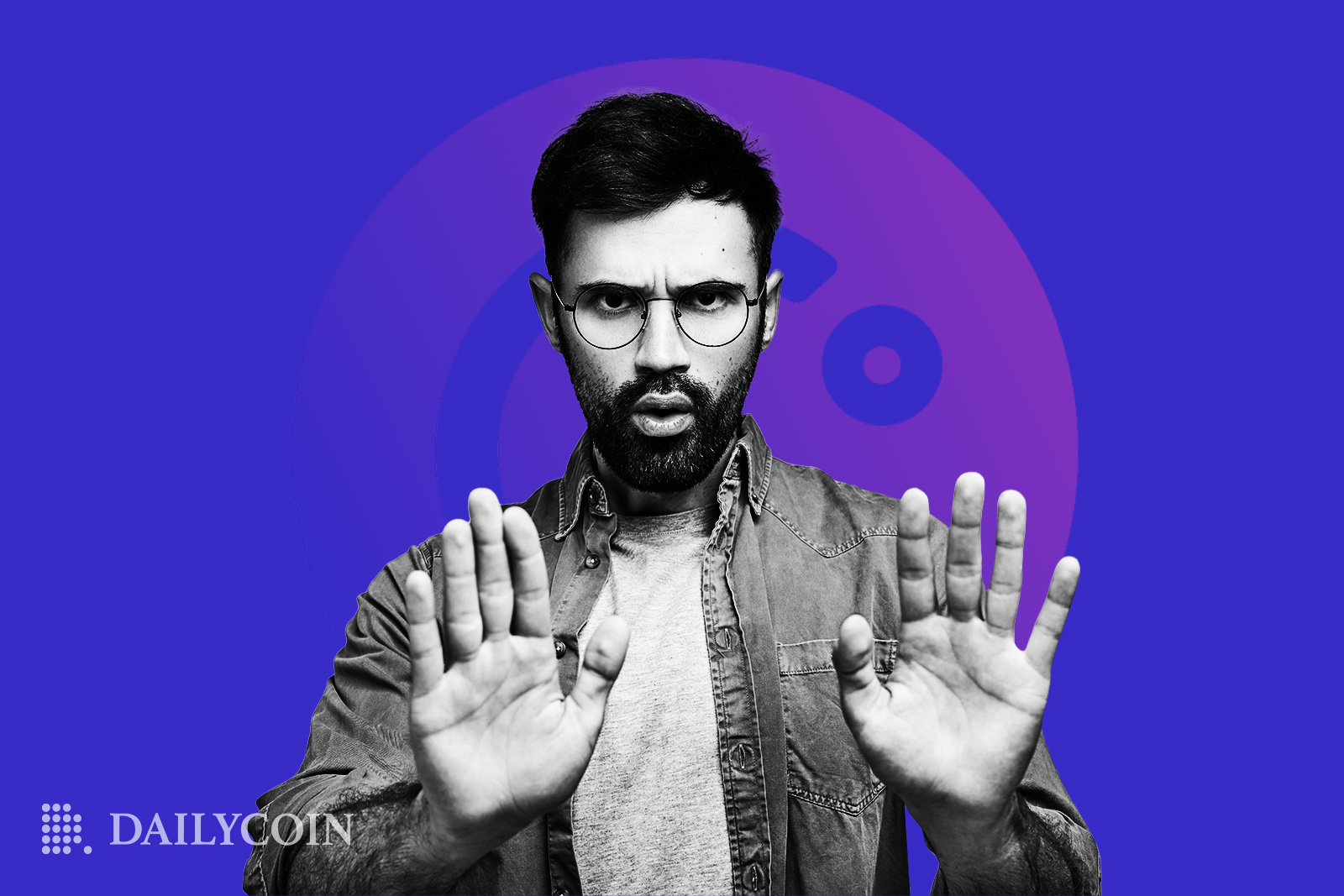 Man signaling "Stop" with his hands with Celsius logo at back