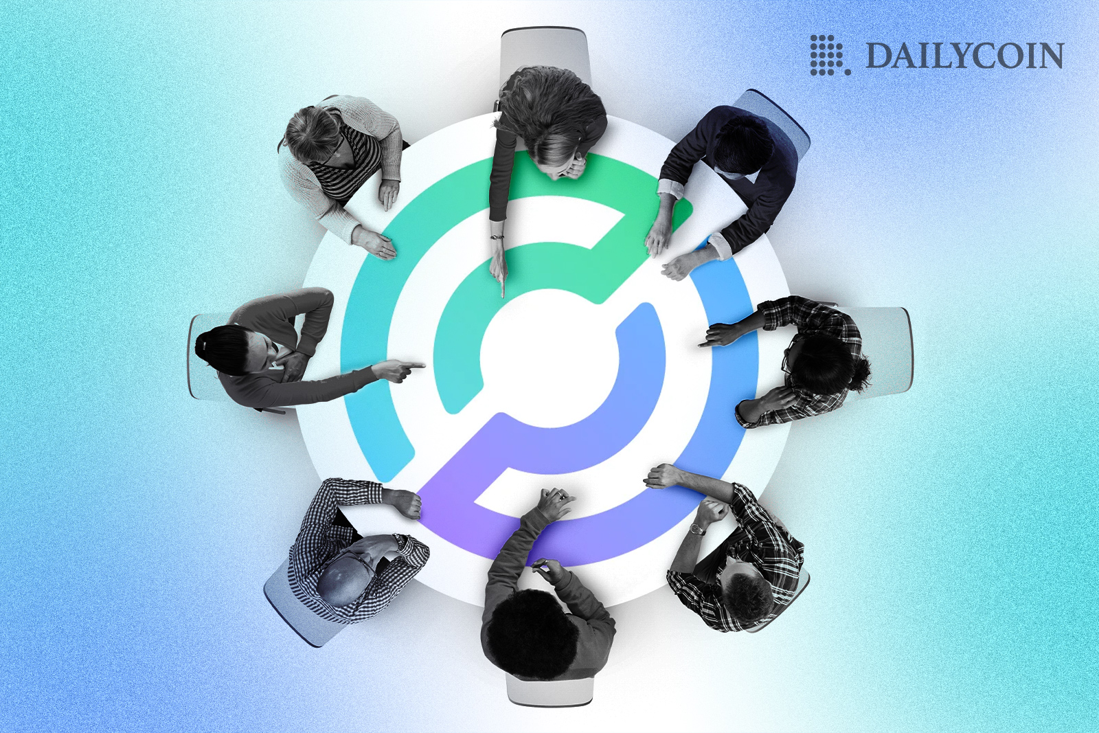 A group of people sitting around a table with a Circle logo on it