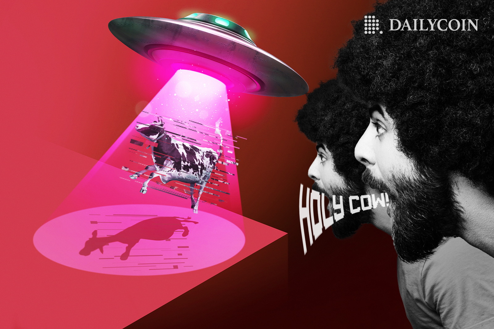 Alien spaceship abducting a cow while people watch