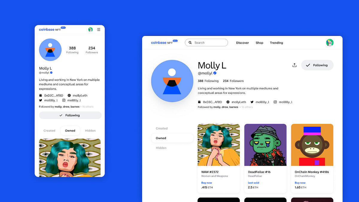 Screenshots of the Coinbase NFT Marketplace