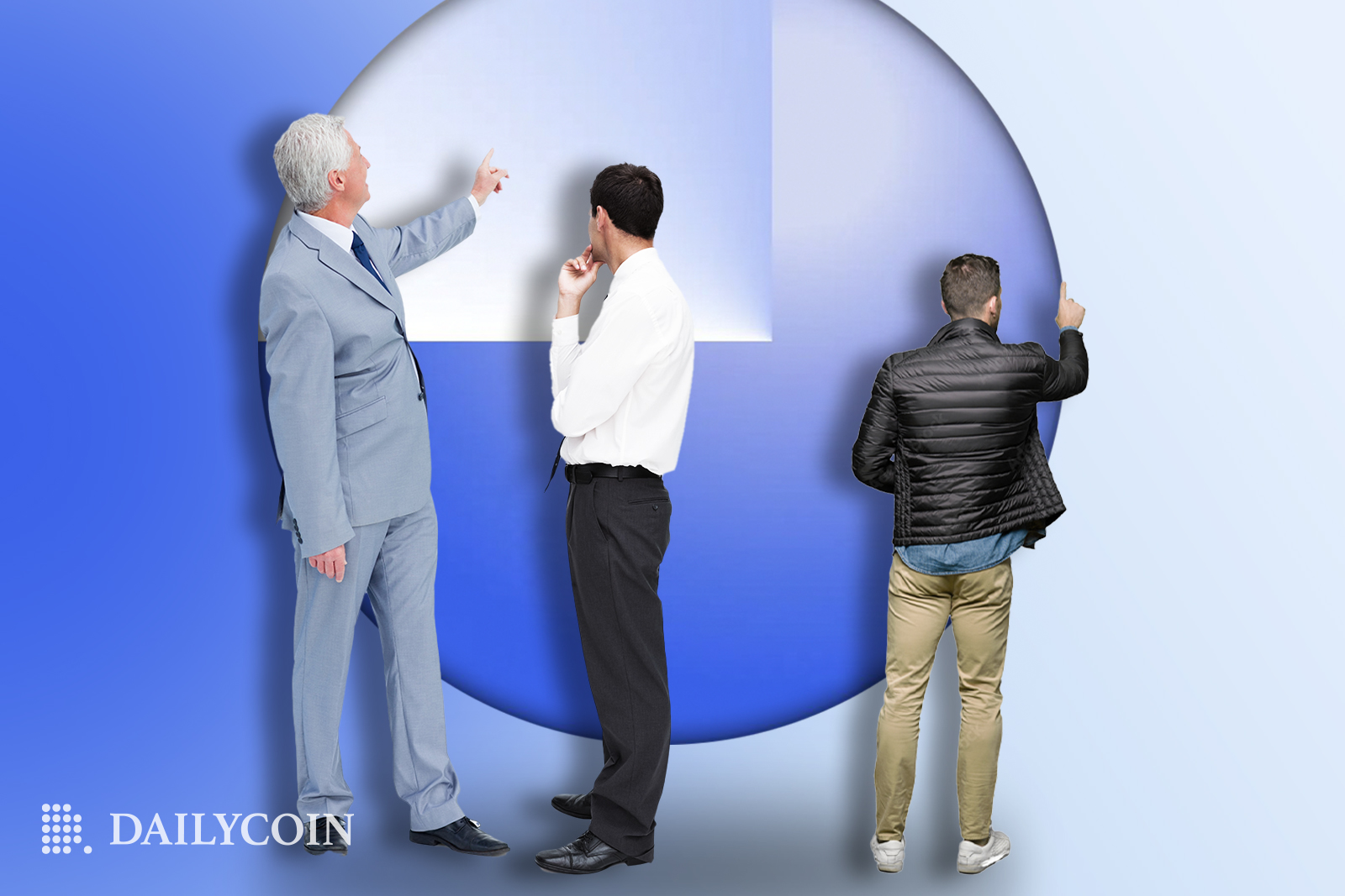 Three men are discovering the blue and white Base NFT by Coinbase.