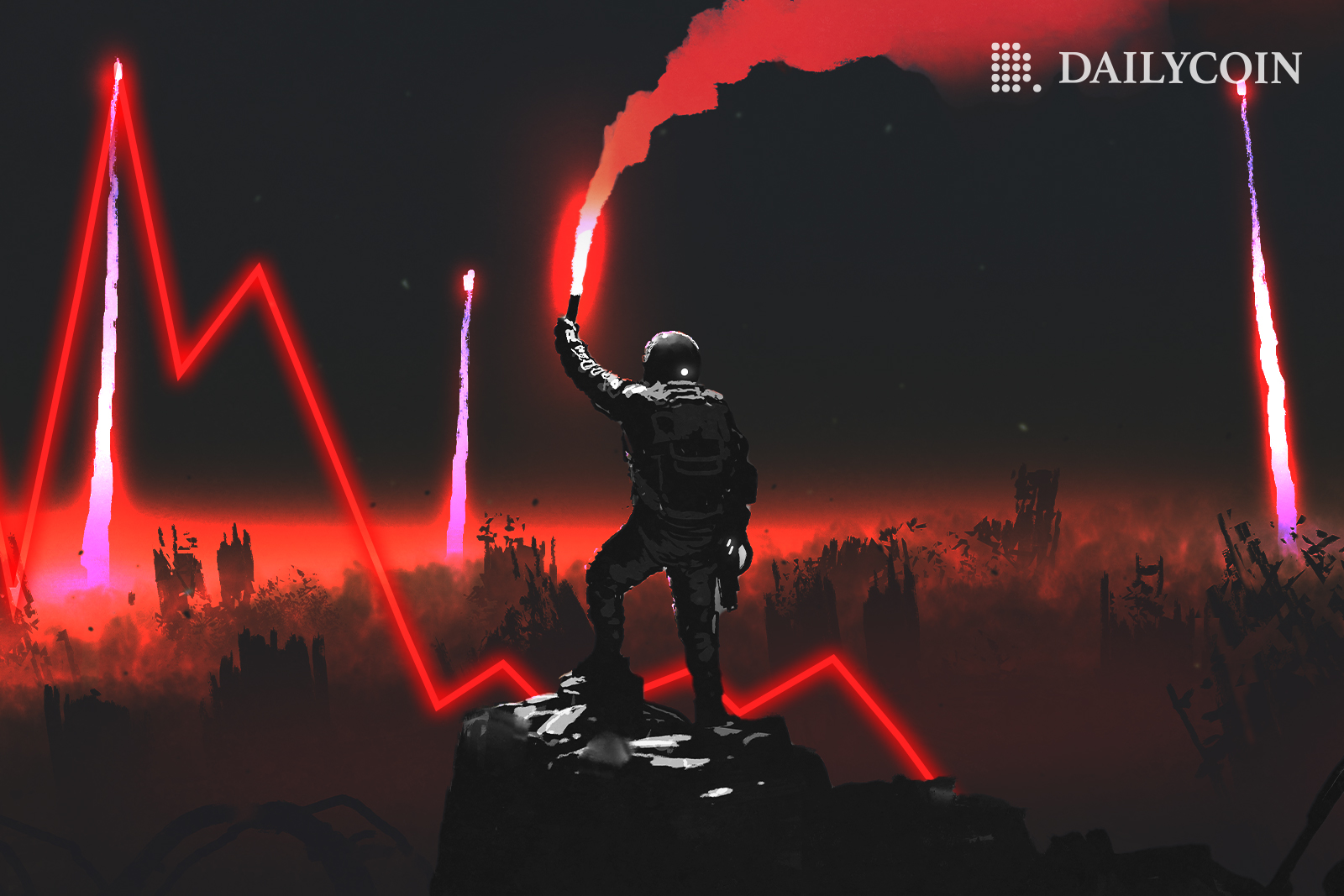 Astronaut holding a red flare in a ruined looking landscape with a red declining line chart in the distance.