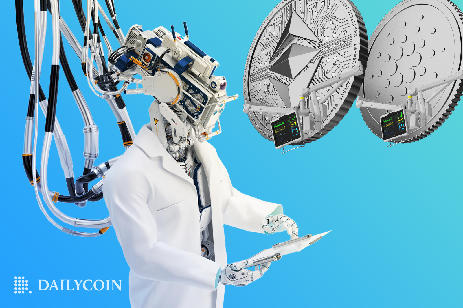 cyborg in a suit watching crypto prices on his tablet. Coins are hovering above him.