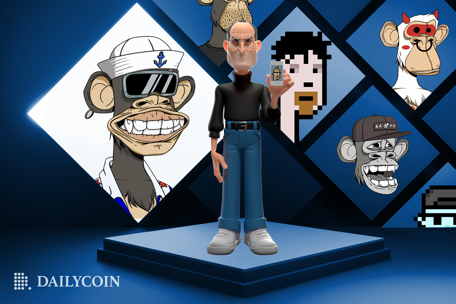 CryptoPunks and BAYC NFT Sales behind Steve Jobs on a platform