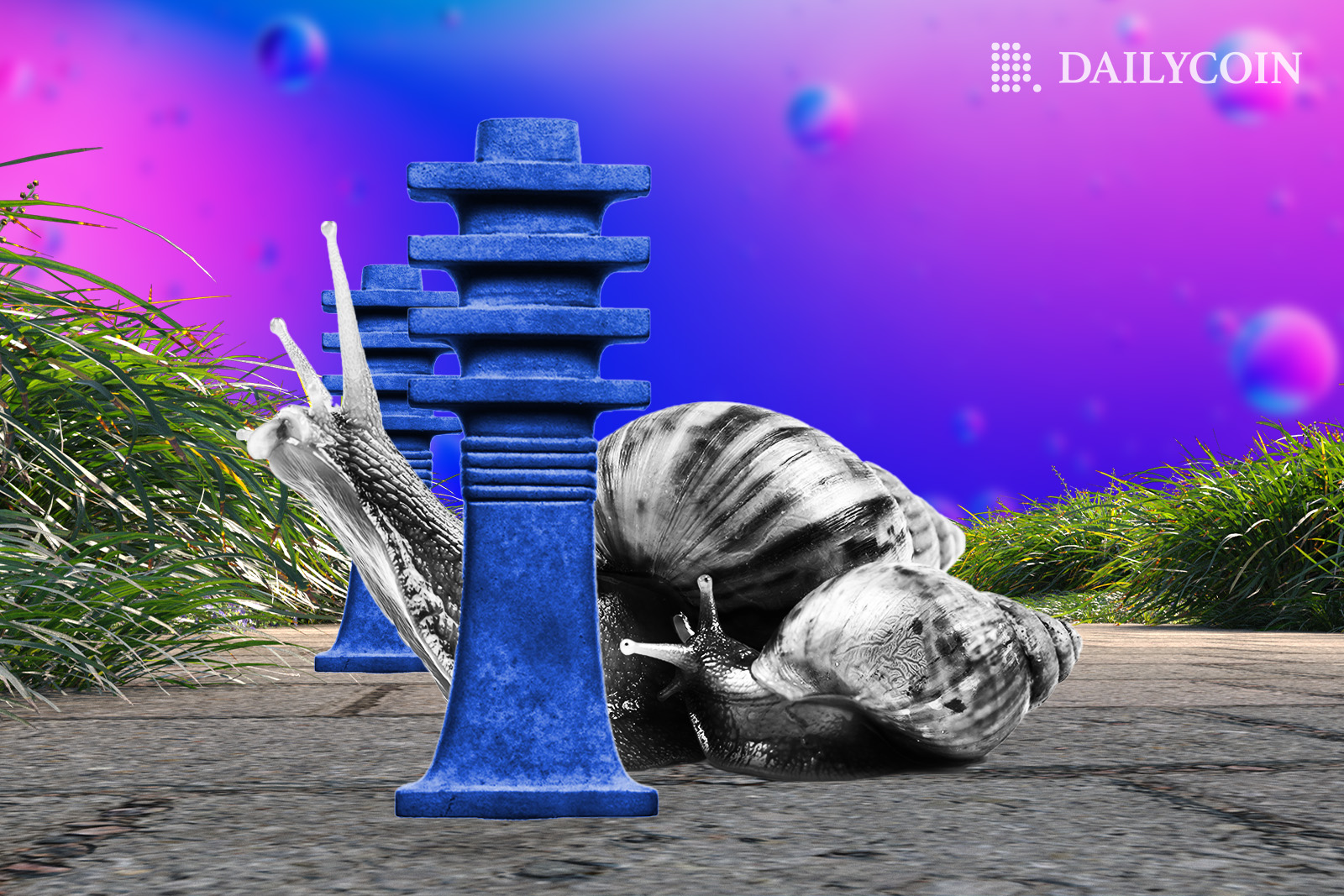 A snail enters a DJED race on a tar road between grass fields.