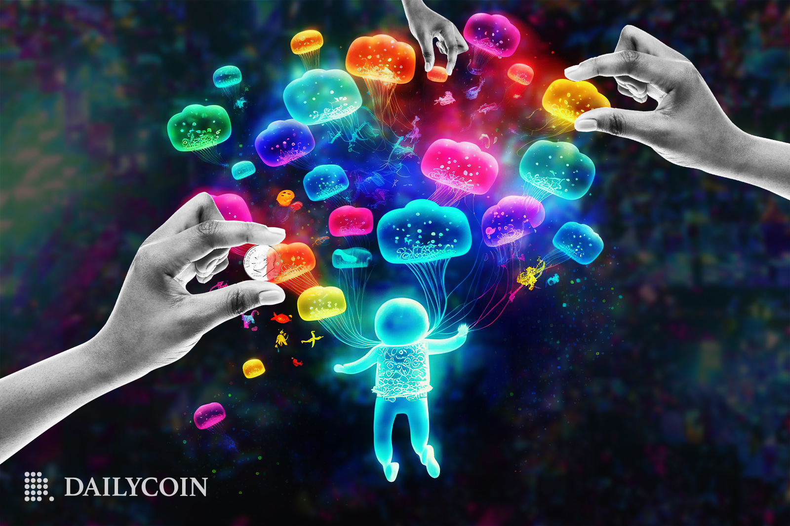 A translucent neon humanoid figure looks out at a sea of bright neon jellyfish placed by three hands