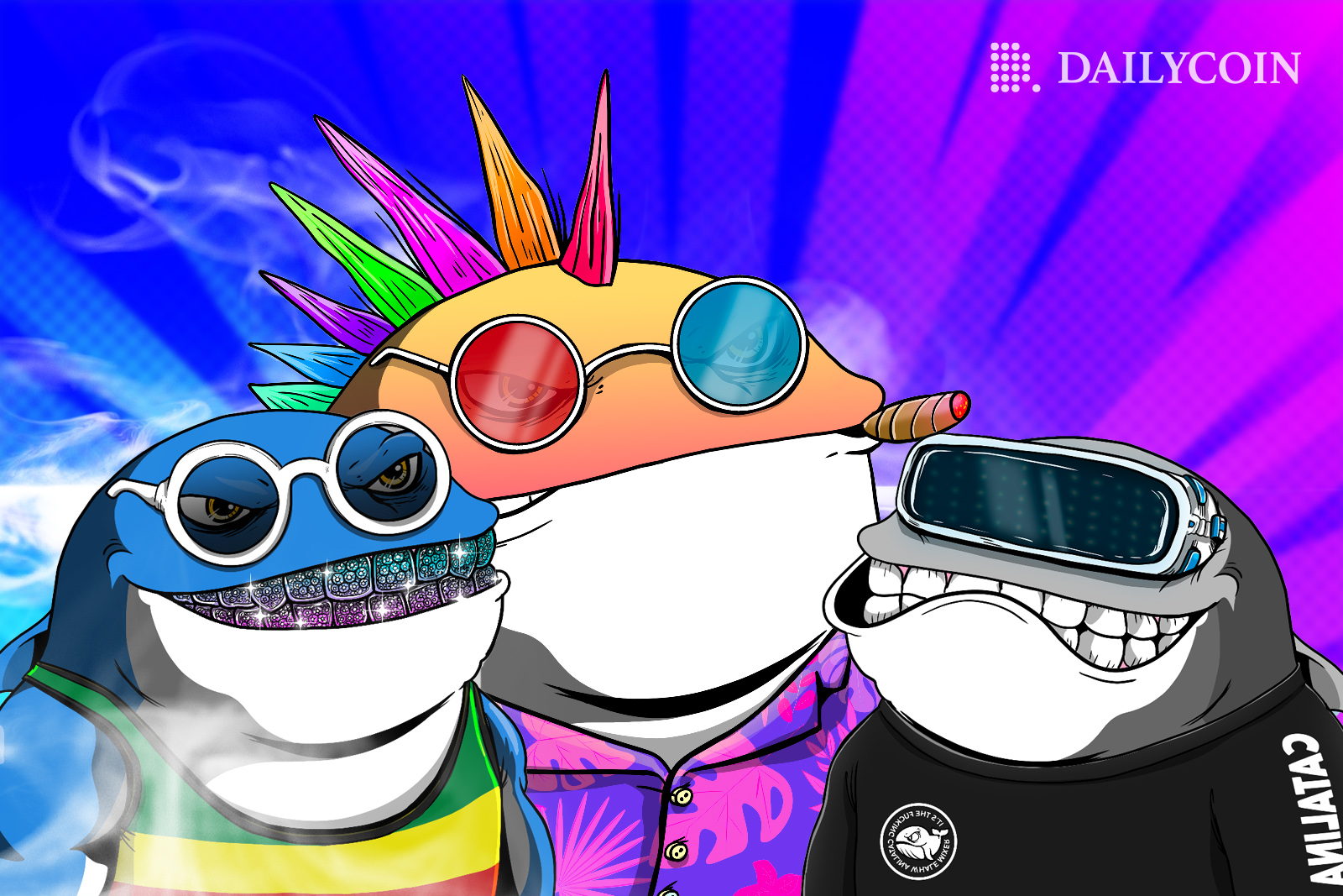 Three Catalina Whales smiling, ready for metaverse band performance.
