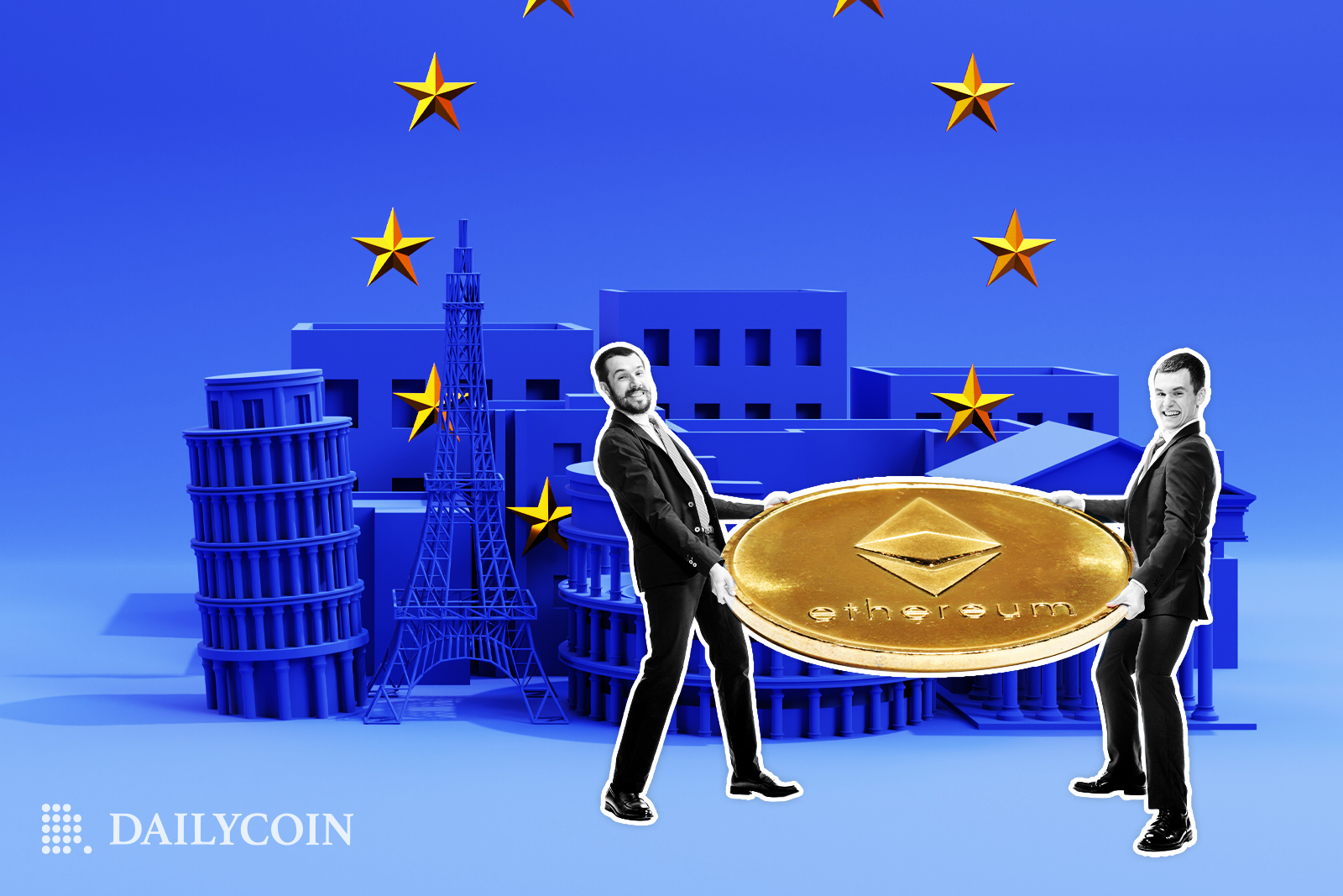 Two men carrying giant Ethereum token