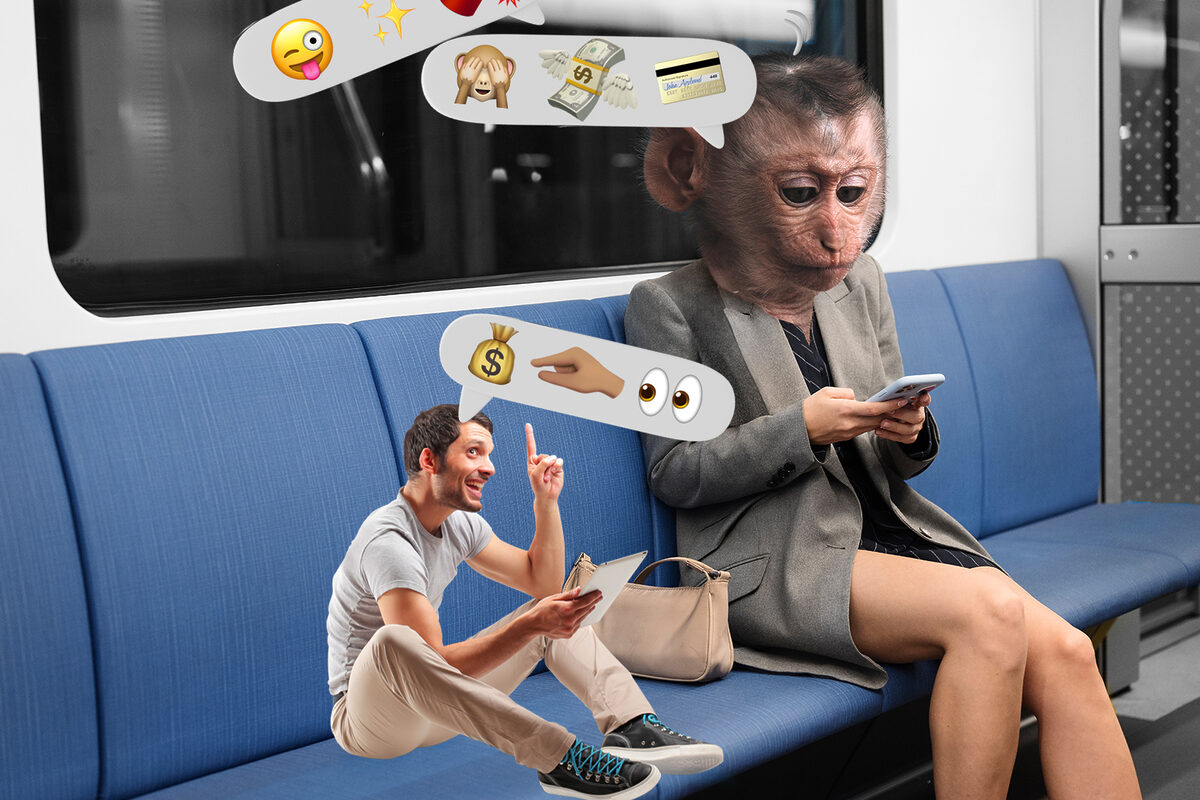 Person with monkey head and a small man are sitting in a bus, giving financial advice through emojis.