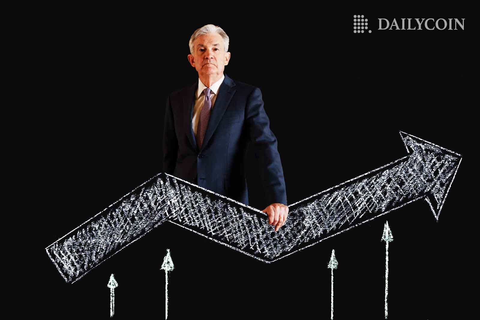 Jerome Powell holding huge arrow.
