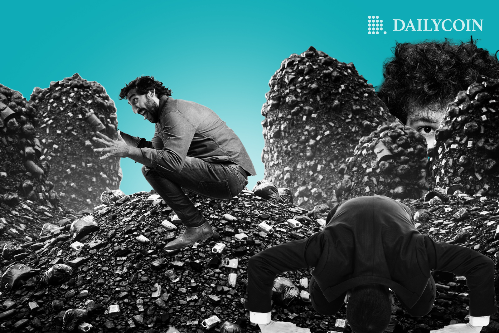 Two panicked men looking for something in a trash heap.
