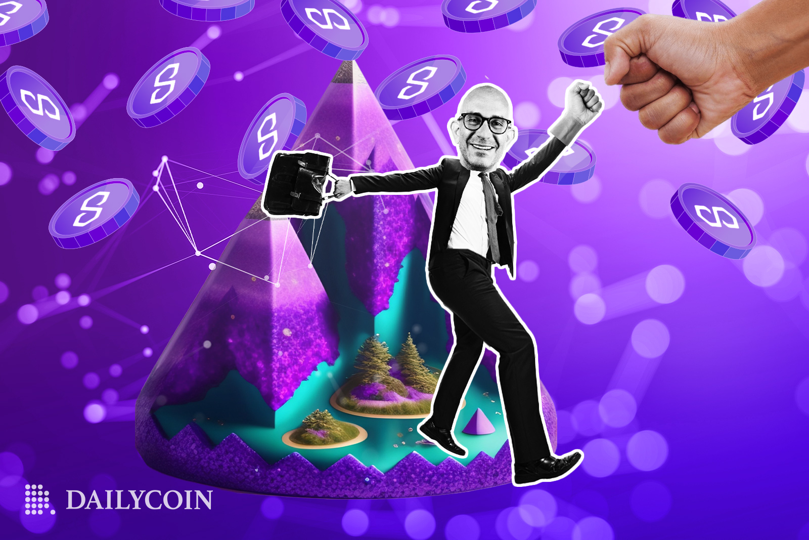 Carlos Domingos fist bumping a giant hand in the fantasy land of Polygon MATIC tokens.