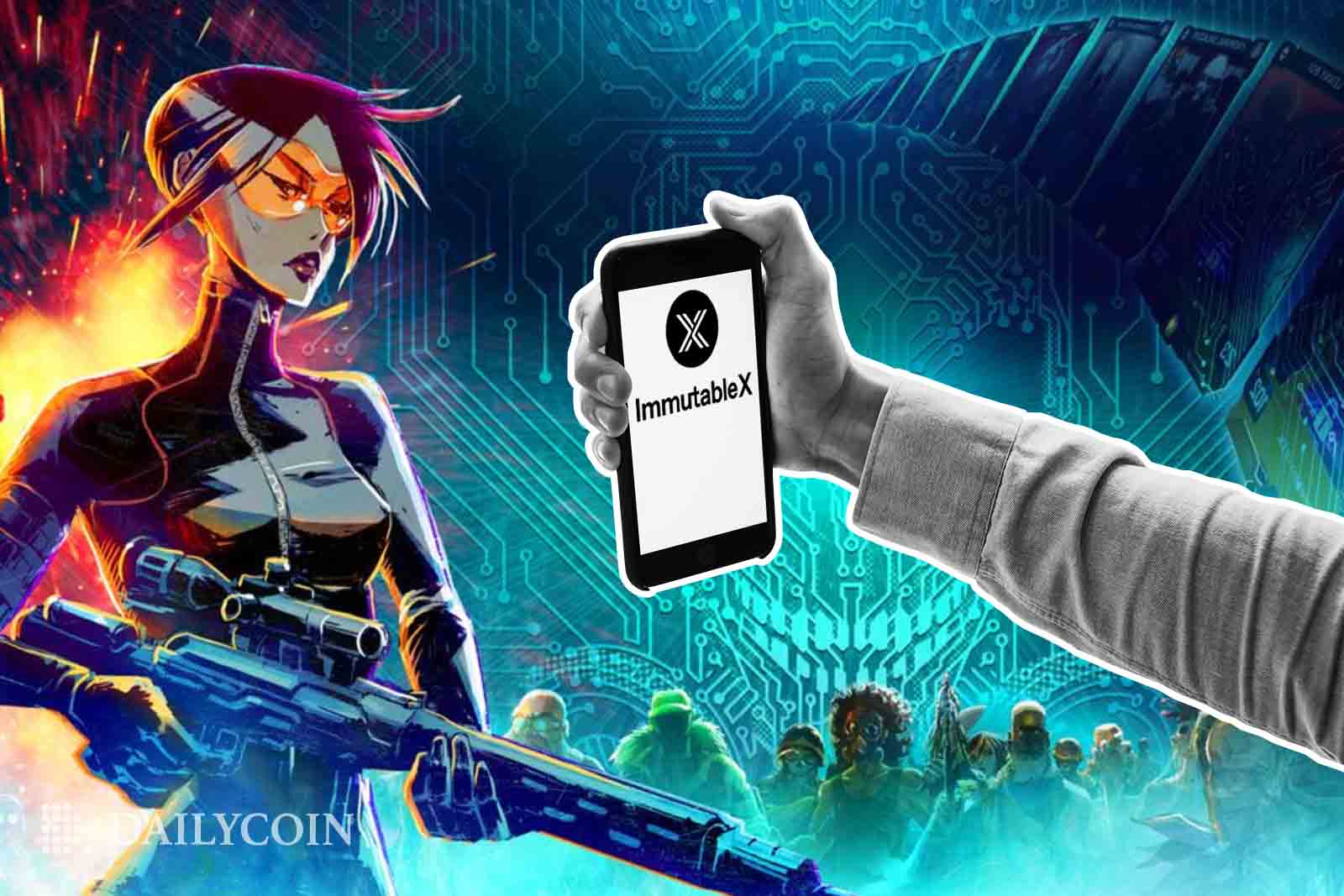 A hand holding a phone with ImmutableX next to a game character.