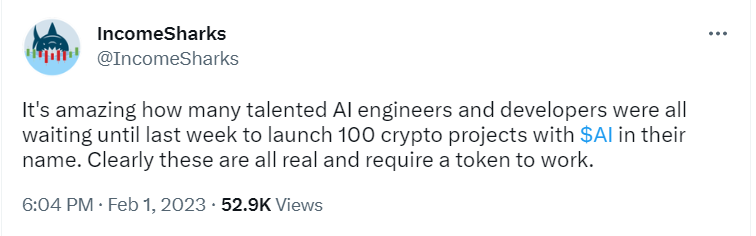 IncomeSharks Tweet about AI crypto projects.