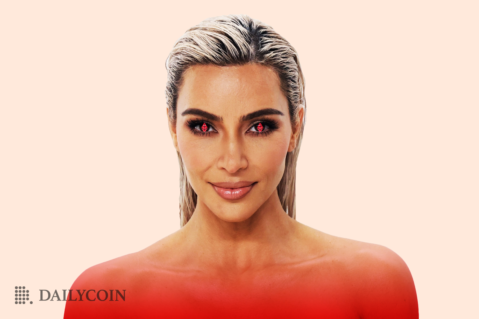 Kim Kardashian with EthereumMax logo on eyes.