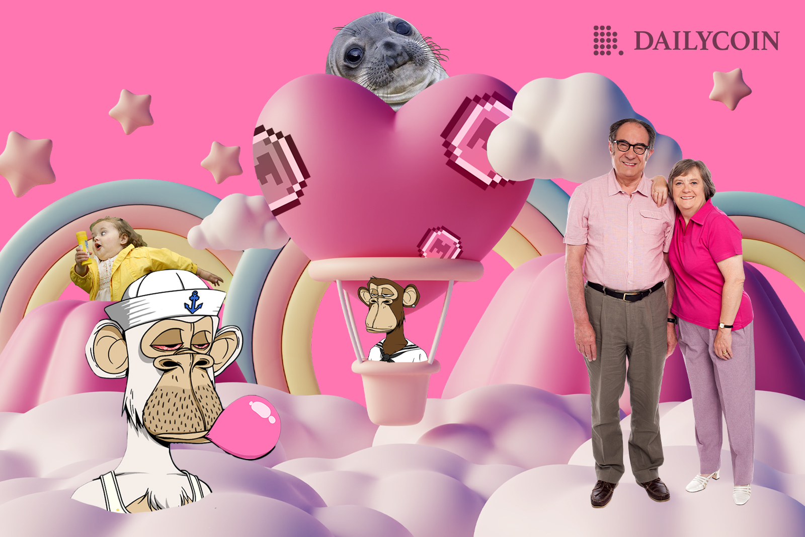 Couple in pink memeland next to memes and nfts.
